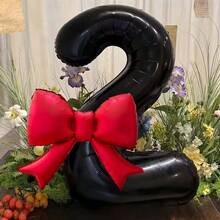 2个/套 40英寸黑色数字造型铝箔气球，带哑光蝴蝶结装饰，适用于生日派对、婚礼、户外活动、周年纪念、节日、感恩节、丰收季、情人节、圣诞节、派对庆典氛围营造和背景装饰 - 黑色 - 查看 15