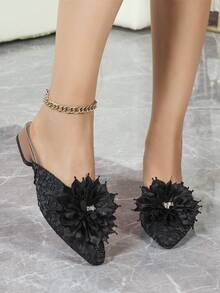 Zuecos de punta puntiaguda con decoración floral 3D en estilo francés para mujeres, de tacón bajo, diseño elegante para fiestas y reuniones