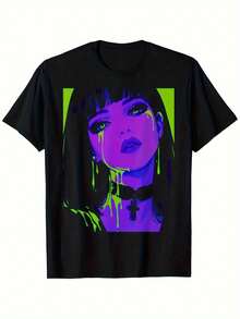 Camiseta Cybergoth Cybercore Grunge Punk Goth Alternativa Anime Comic, Camiseta Unisex de Algodón Casual de Cuello Redondo de Manga Corta para Exteriores, Ligeramente Elástica, Telas Cuidadosamente Seleccionadas con las que Estás Satisfecho - Negro - Ver 2