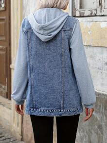 Veste en jean oversize en coton pour femmes grandes tailles, à capuche, mi-longue, décontractée pour le printemps - Bleu azur - Voir 7
