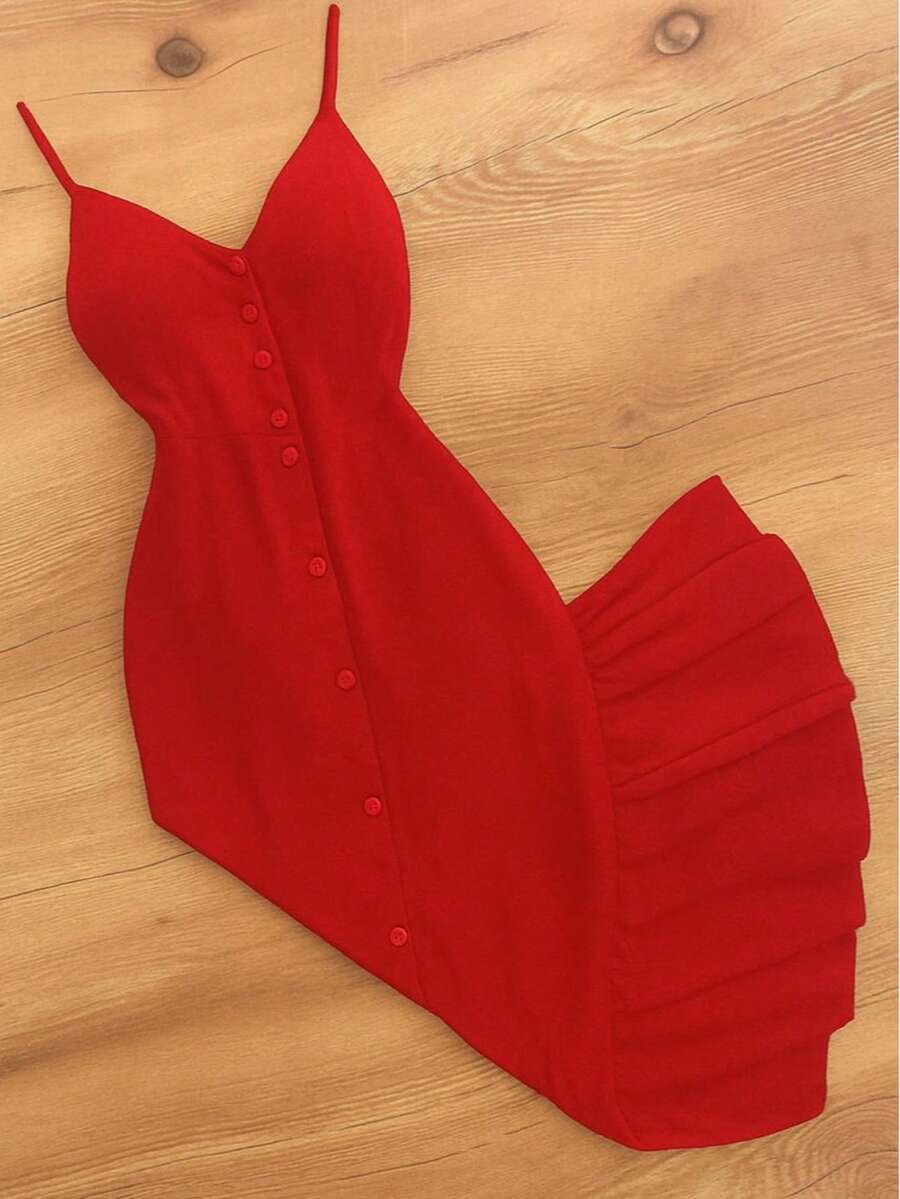 Long Dress In Viscose, Plain, Straps, Buttons On The Front, Cups And Lining. Elastex On The Back - Red - View 1