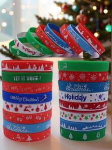 16pcs Christmas Element Silicone Wristbands & Vibrant Color Holiday Wristbands, Suitable For Holiday Gifts And Wear