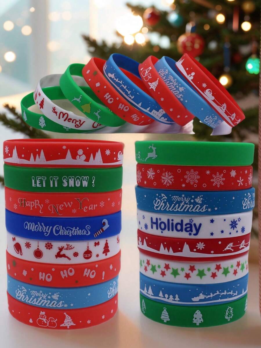 16pcs Christmas Element Silicone Wristbands & Vibrant Color Holiday Wristbands, Suitable For Holiday Gifts And Wear
