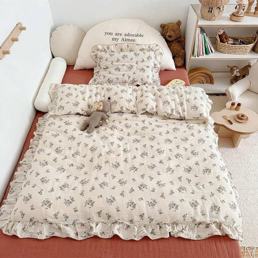 Muslin Duvet Cover With Ruffled Edges, 1 Piece Cotton Comforter Cover 47X59'', Pattern 2-Layer Gauze Bedding, No Quilt Or Pillowcases, Bedroom Essential - 古典 - 查看 1