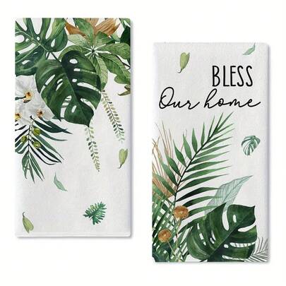 2pc 2D Flat Tropical Palm Soft Polyester Fabric Towel Kitchen Towels Bathroom Towel Rack Green Plant Dish Cloths Drying Baking Cooking Bless Our Home Design Perfect For Spring Summer Decor Hand Wash Only Modern Style