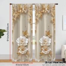 2 Pcs Polyester Light Filtering Curtains - High Definition White Gold Flower Pattern Printing For Bedroom, Living Room, Office And Home Decor, Rod Pocket Design - Multicolor - View 7