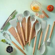 12-Piece Silicone Cookware Kitchen Utensil Set - 446°F Heat Resistant, Turner Tongs, Spatula, Spoon, Brush, Whisk, Wooden Handle Gadgets With Non-Stick Cookware Holder, And Durable - Multicolor - View 8