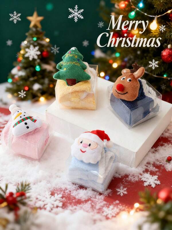 1pc/4pcs Christmas Cute Soft Hand Towel, Hanging Absorbent Quick-Dry Hand Towel With Embroidered Christmas Tree, Snowman, Santa Claus, Reindeer Designs