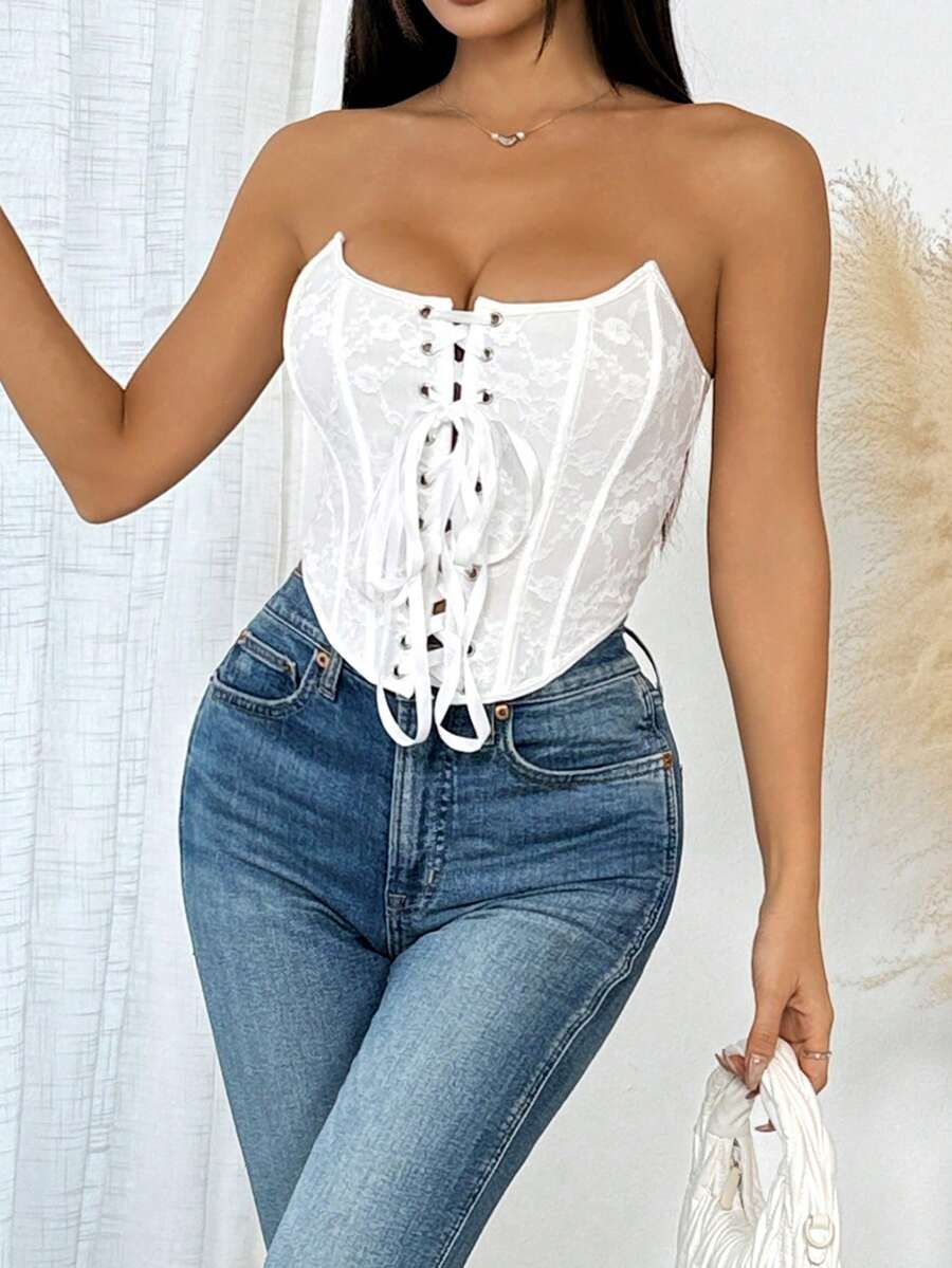 1pc White Lace Bustier Crop Top, Front Tie, Bust Enhancing, Sexy & Versatile - White - View 1