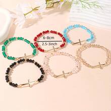 1 Simple Retro Stainless Steel Cross Crystal Beaded Elastic Bracelet Suitable For Men And Women - Blue - View 7