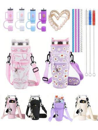 7pcs Sports Water Bottle Accessory Set, Including 30-40 Ounce Water Bottle Bag, Heart-Shaped Brooch Decoration, Colored Straw Dust Cover, 3 Colored Cleaning Brushes, Colored Water Ripple Straw