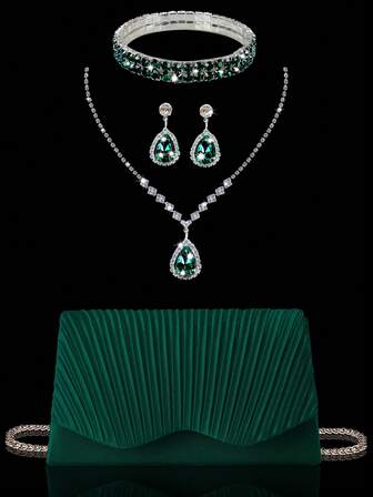 4 Piece Rhinestone Jewelry Set Sparkling Necklace Earrings Bracelet Set Women's Evening Clutch Bridal Wedding Sparkling Ruffle Flap Envelope Clutch Women's Prom With Detachable Metal Chain Suitable For Wedding And Party Women's Shoulder Bag Women's Clutch Cocktail Wedding New Purse Bridal And Bridesmaid Party Bag