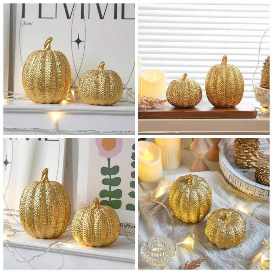 - Decoracin de calabaza para interiores - Calabaza dorada para decoracin, 2 piezas de decoracin de calabazas de resina con efecto tela, centro de mesa de Accin de Gracias, chimenea - Oro tela + Juego de 2 - Ver 1
