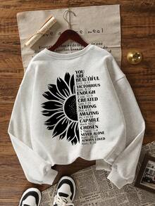 女式字母印花圆领落肩长袖休闲宽松运动衫，秋冬 - 淺花灰 - 查看 4