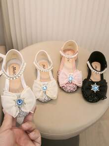 1 Pair Fashion Princess Shoes For Little Girls, Soft Bottom Sandals With Faux Diamonds & Bow, Rhinestone Baby Shoes, Glitter Ballet Flats - Silver - View 6