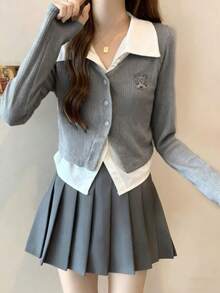 女式休闲 Polo 领前开扣长袖二合一 T 恤，春/秋 - 灰色 - 查看 3