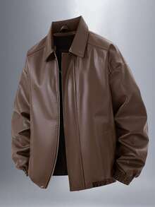 Men's Zipper PU Leather Jacket, Black Leather Jacket Men's Leather Jacket Men's Leather Jacket Black Leather Jacket Faux Leather Jacket Men's Zipper Jacket Faux Leather Jacket Street Style Jacket Faux Leather Bomber Jacket Men's, Men's Jacket, Men's Black Leather Jacket, Men's Leather Top - 棕色 - 查看 1