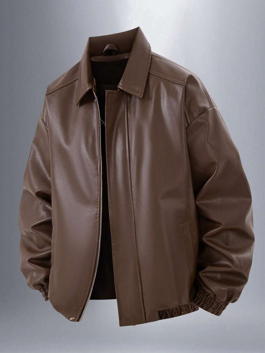 Men's Zipper PU Leather Jacket, Black Leather Jacket Men's Leather Jacket Men's Leather Jacket Black Leather Jacket Faux Leather Jacket Men's Zipper Jacket Faux Leather Jacket Street Style Jacket Faux Leather Bomber Jacket Men's, Men's Jacket, Men's Black Leather Jacket, Men's Leather Top - 棕色 - 查看 1