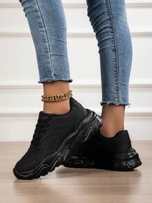 女士厚底休闲运动鞋，百搭时尚厚底鞋，圆头系带厚底妈妈鞋 - 黑色 - 查看 3