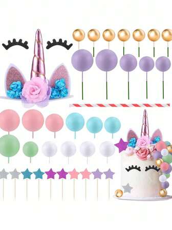1 Set Or 1pc Unicorn Cake Decorations, Unicorn Flower Cake Decorations, Colorful Foam Ball Stars Pink Unicorn Horn, Ears And Eyelashes Party Cake Decorations, Birthday Party Baby Shower, Unicorn Party Decorations, Wedding Cake Decorations