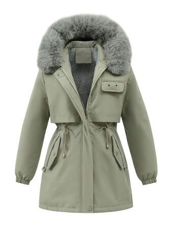 1 件女式休闲户外羊毛夹克，带帽拉链前片纯色，收腰，多个口袋，百搭日常穿着