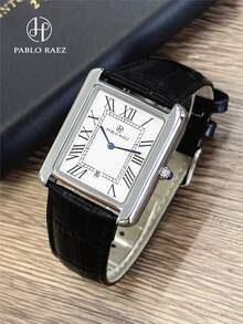Pablo Raez 1pc Original Charming Man Watch Luxury Male Stainless Steel Vintage Wristwatch Silver Color Jewelry Non Tarnish Black Microfiber Leather Wristwatch IPS Plated Stainless Steel Fashionable Design Wristwatch - Một cỡ - Xem 1