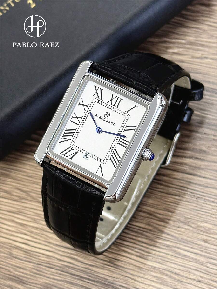 Pablo Raez 1pc Original Charming Man Watch Luxury Male Stainless Steel Vintage Wristwatch Silver Color Jewelry Non Tarnish Black Microfiber Leather Wristwatch IPS Plated Stainless Steel Fashionable Design Wristwatch - Một cỡ - Xem 1