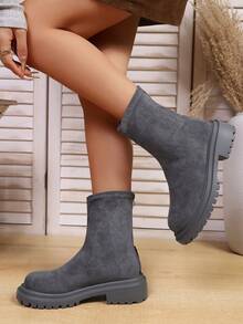 Giày bốt cổ ngắn đế dày bằng da lộn mới, kiểu dáng ôm sát tôn dáng, có khóa kéo phía sau, phù hợp cho công sở, tiệc tùng, mùa thu/đông. - Xám - Xem 8