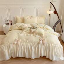 Aesthetic Girls Twin Comforter Cover Set, Romantic French Princess Style Ruffled Duvet Cover With Lovely Bow And Zipper Closure - Pink, Twin Size - 黃色 - 查看 12