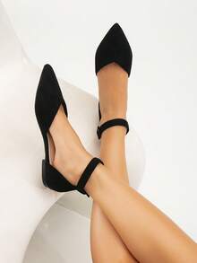Women's New Simple Black Flat Shoes, Versatile For Commuting, Office, Workplace, Home, Closed Toe, Buckle Closure, Low Heel, Pointed Toe Flats, Black Sandals, All Season - Black - View 2