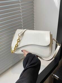 1件简约纯色翻盖单肩包，经典纹理斜挎包，女士手提包