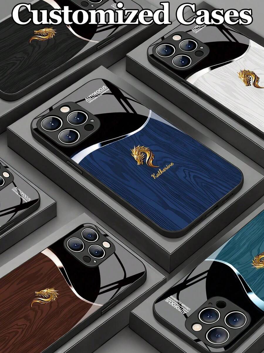 1pc Customizable Name Luxury Golden Dragon Design Tempered Glass Phone Case, Compatible With Iphone 17 ProMax/17 Air/15/16 Pro/14 Plus/13 Pro/12 Pro Max/11/Xs Max/8/7/6 Plus, S24 Ultra/S25 Ultra, Redmi NOTE13/14, Redmi K40, Mi 11, Elegant Business Customization, Best Gift For Family, Colleagues, Boyfriend - Black - View 1