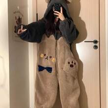 Long-Sleeve Zipper Fleece Party Pajamas COSPLAY Loungewear And Women'S Thickened Plush Hooded Novelty Jumpsuit, Cartoon Bear Hooded Color Block Plush Body Suit, Suitable For Carnival, Halloween And Music Festival - 駝色 - 查看 2