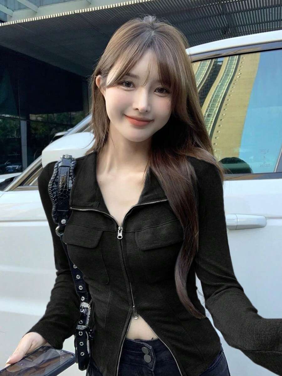 Áo thun dài tay nữ màu trơn, có khóa kéo, túi hai mặt, kiểu dáng thường ngày, thích hợp cho du lịch mùa xuân/thu, màu đen. - màu đen - Xem 1