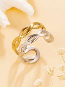 1pc Elegant Hollow Geometric Streamlined Open Stainless Steel Ring, Versatile Multi-Element Band, 18K Gold Vacuum Plating, Waterproof Accessory For Women, Party Wear