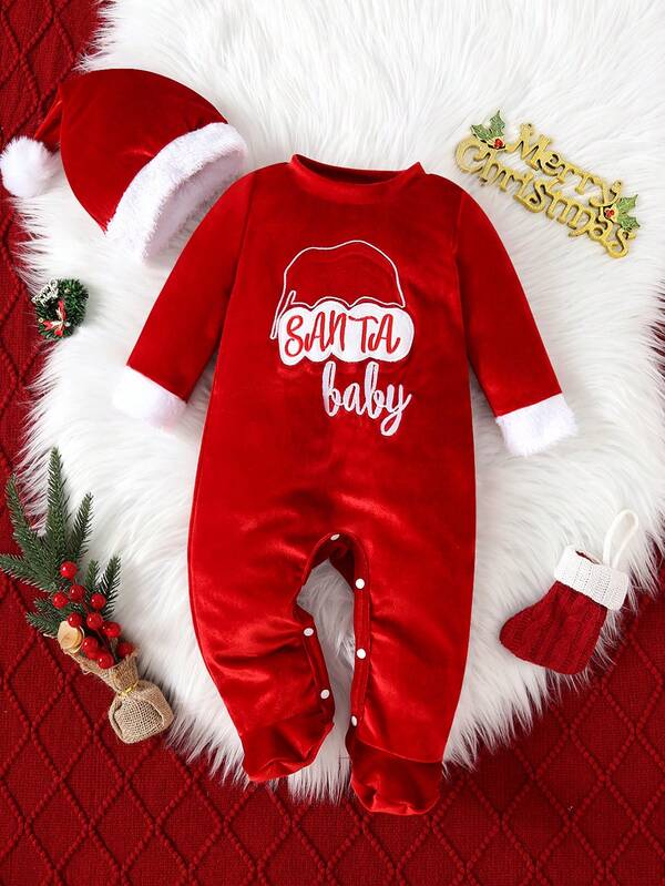 Conjunto de recién nacido con pelele de manga larga con bordado de estilo navideño tipo carta a Santa + gorro de Santa, puños a contraste, lindo y juguetón
