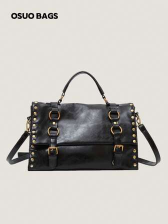 1pc Vintage PU Messenger Bag, Large Capacity Rivet Shoulder Bag, Commuter Bag, Student Backpack, Suitable For Daily Use, Dating, Work, Autumn/Winter