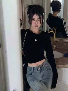 Early Autumn Women's Striped Short Long Sleeve Fitted Top Casual Black Spring - Black - View 3