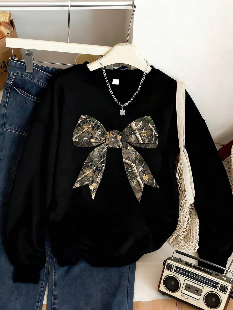 青少年女孩蝴蝶結與綠葉圖案圓領衛衣,秋冬套頭衫,適合校園返校穿著 - 黑色 - 查看 1