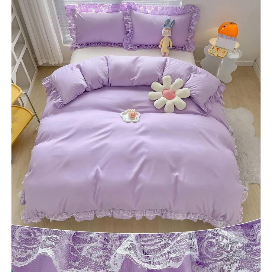 Chic Ruffle Lace Polyester Duvet Cover Set - Girl White Bedding - 2 Piece Twin Comforter Duvet Cover With Zipper Closure - Ultra Soft And Lightweight (White, Twin) - NO Comforter Included - 紫色 - 查看 1