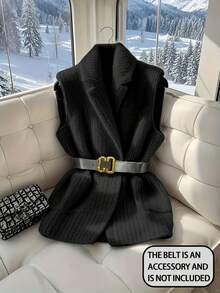OOTD KA Elegant Casual V-Neck Pocket Knit Cardigan, Women's Autumn/Winter Fashion Chic Lapel Sleeveless Loose Cardigan, Women's Fall, Business Casual Wear, Women's Work Jacket, Autumn/Winter , Women's Fall, Basic - Black - View 1