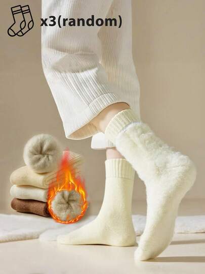 3 pares de calcetines de media caña gruesos y acolchados para mujer, calcetines largos y esponjosos, calcetines de tubo medio, adecuados para el hogar y la oficina, otoño/invierno, color aleatorio