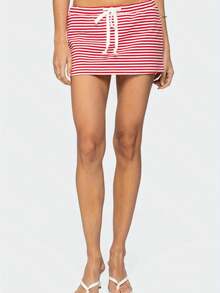 Women Drawstring Micro Skort Y2k Elastic Low Waist Bodycon Mini Skirt Mid Rise Short Sweat Skirts With Shorts - Red - View 4