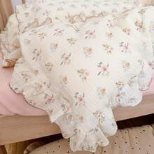 Muslin Duvet Cover With Ruffled Edges, 1 Piece Cotton Comforter Cover 47X59'', Pattern 2-Layer Gauze Bedding, No Quilt Or Pillowcases, Bedroom Essential - 映山紅 - 查看 2