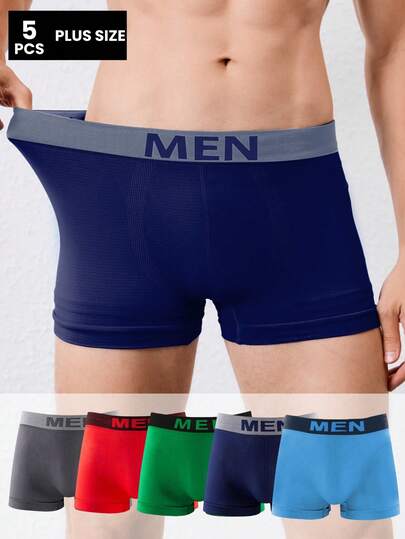5pcs/Pack Plus Size Men's Solid Color Basic Stretch Seamless Briefs, Soft Comfortable Breathable Boxer Shorts, Suitable For Daily Wear And Sports