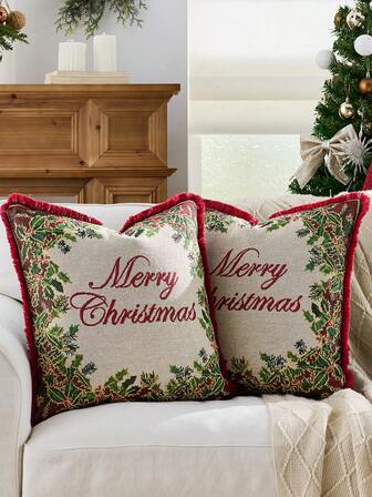 1 件圣诞老人流苏装饰抱枕套，正面提花面料，背面毛绒面料，方形靠垫套，节日家居枕头装饰，柔软天鹅绒材质，现代沙发、家居和卧室装饰