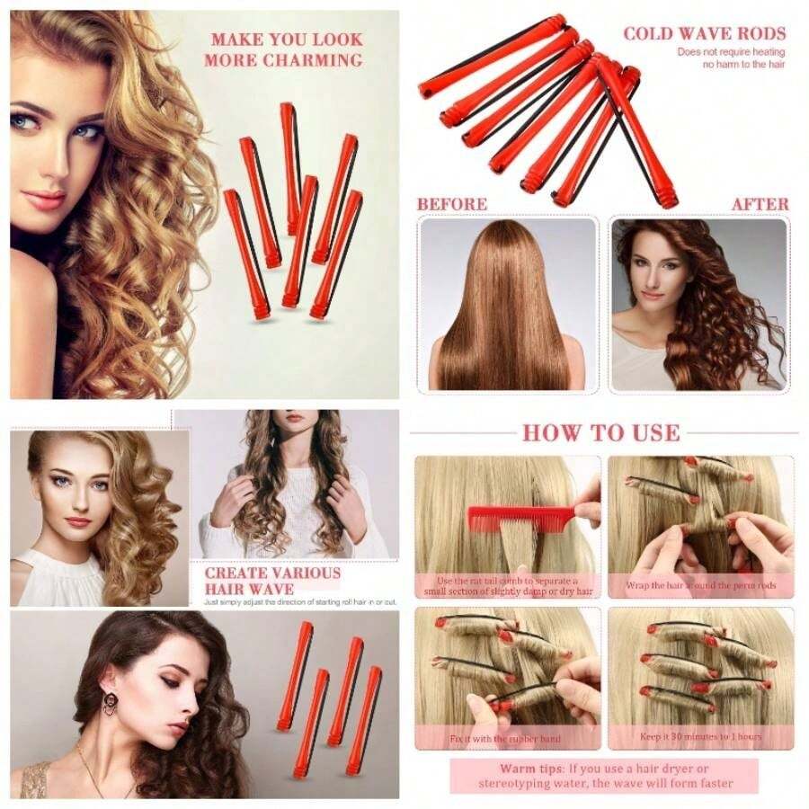 48 件装烫发棒套装，短款冷烫棒，塑料烫发器，卷发器，带钢制尖尾梳，美发造型用品，6 种尺寸，6 种颜色，美发工具，美发用品，旅行必备，旅行，理发师，发型师，理发师配件，情人节，美发用品，发型师，理发店，沙龙，度假必备，美发产品，理发店，情人节礼物，女士旅行必备，发型师工具 - 0.2吋+紅色 - 查看 1