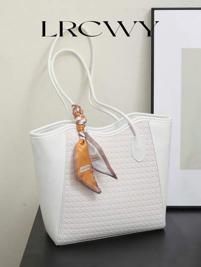 Elegant Tote Bag, Shoulder Bag, Fashionable Crocodile Embossed Charm, Sophisticated Scarf, Business Office, Large Capacity, Coffee Color