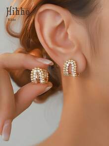 Hihho 1 Pair Luxury Cubic Zirconia Geometric 3D U-Shaped Earrings, Fashionable & Elegant Jewelry Gift For Women - Double U-shaped - View 3