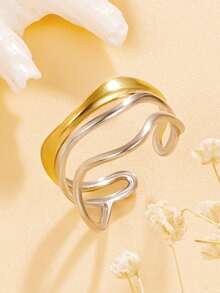 1pc Elegant Hollow Geometric Streamlined Open Stainless Steel Ring, Versatile Multi-Element Band, 18K Gold Vacuum Plating, Waterproof Accessory For Women, Party Wear